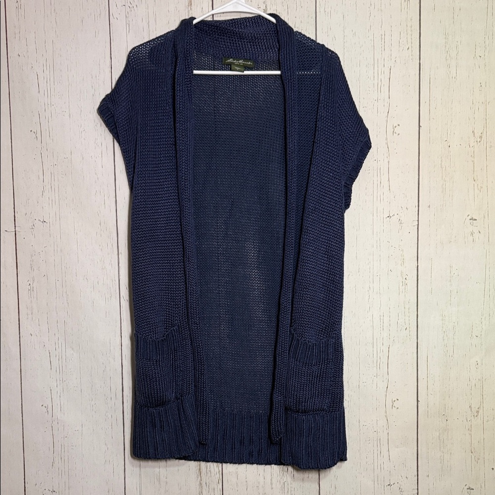 Eddie Bauer Open Front Navy Blue Knit Short Sleeve Sweater Cardigan Medium